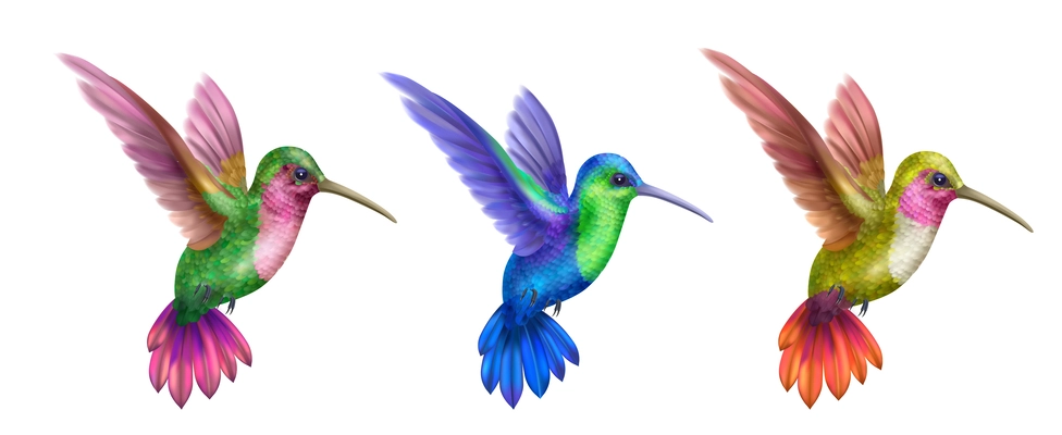 Flying hummingbird realistic set with beautiful colibri symbols isolated vector illustration
