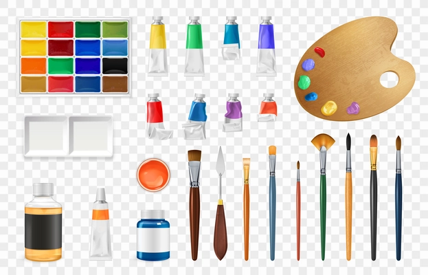 Painter tools realistic transparent set with palette and paint symbols isolated vector illustration