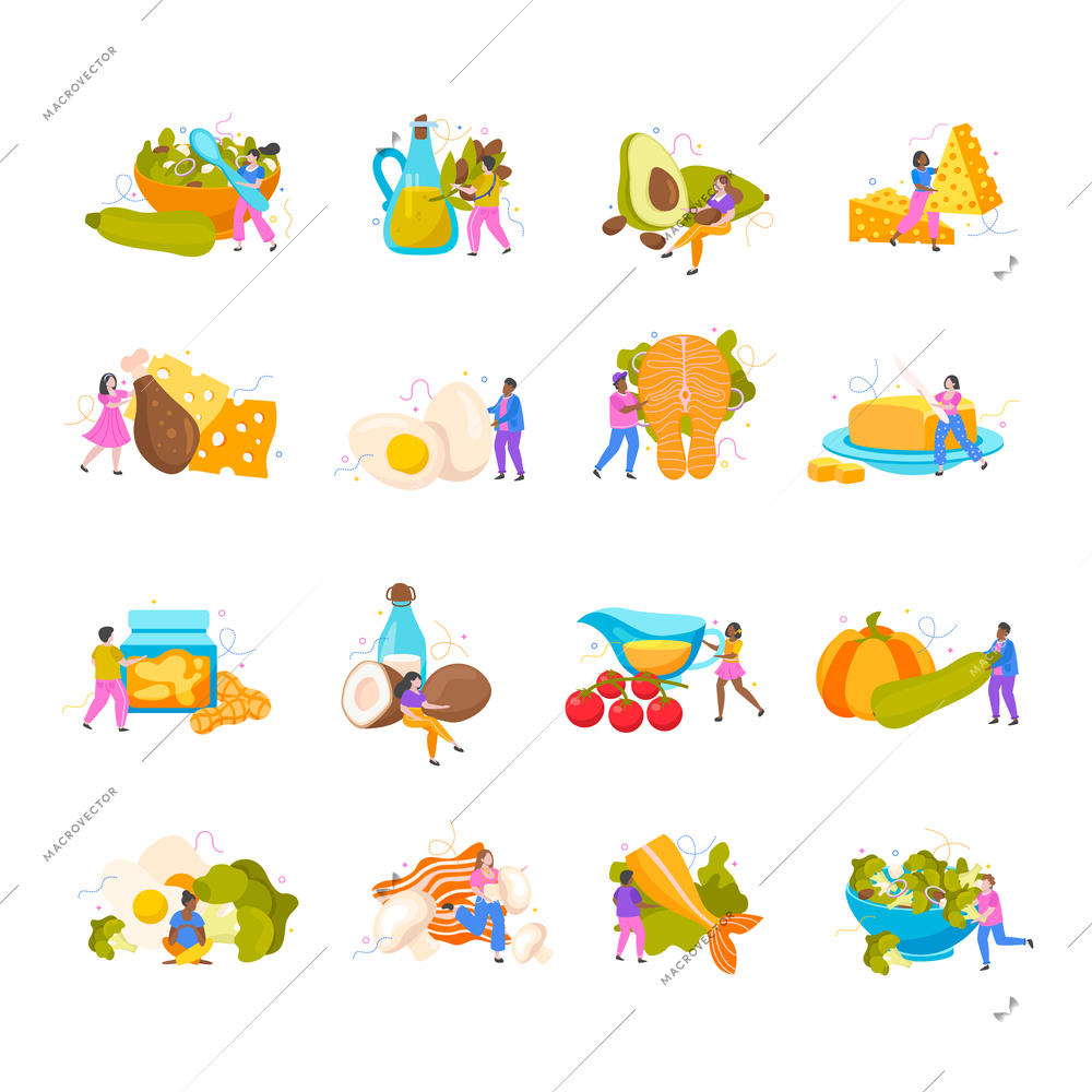 Keto diet flat icons set of food with low carb high healthy fats isolated vector illustration