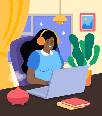 Introvert people flat colored background with glad young woman in headphones sitting at table with notebook vector illustration