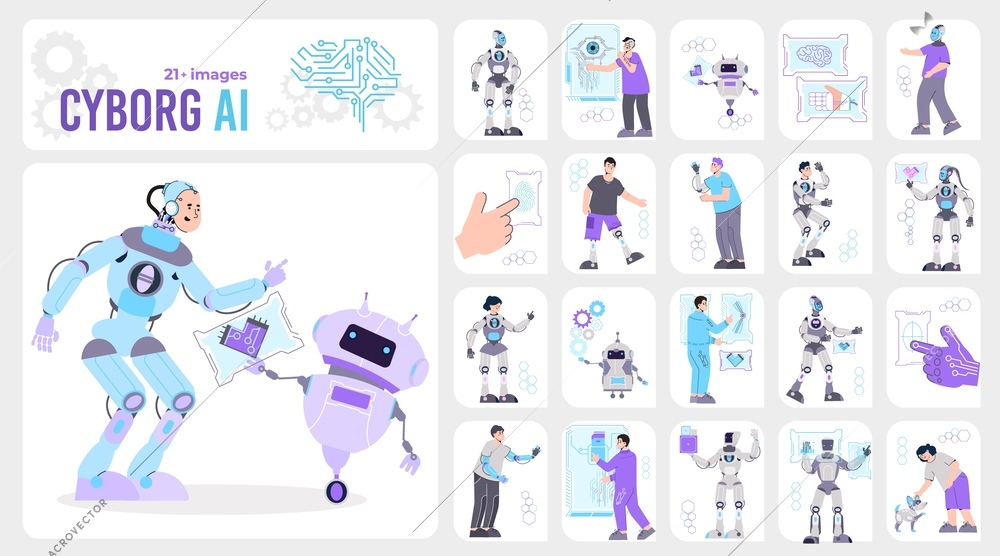 Cyborg ai set with flat vertical compositions of robots with people in droid costumes with text vector illustration