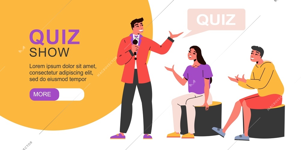 Tv quiz flat horizontal web banner with male host and two participants answering questions vector illustration