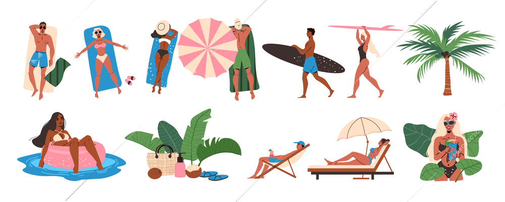 Beach holiday flat set with tropical plants and people sunbathing surfing resting isolated against white background vector illustration
