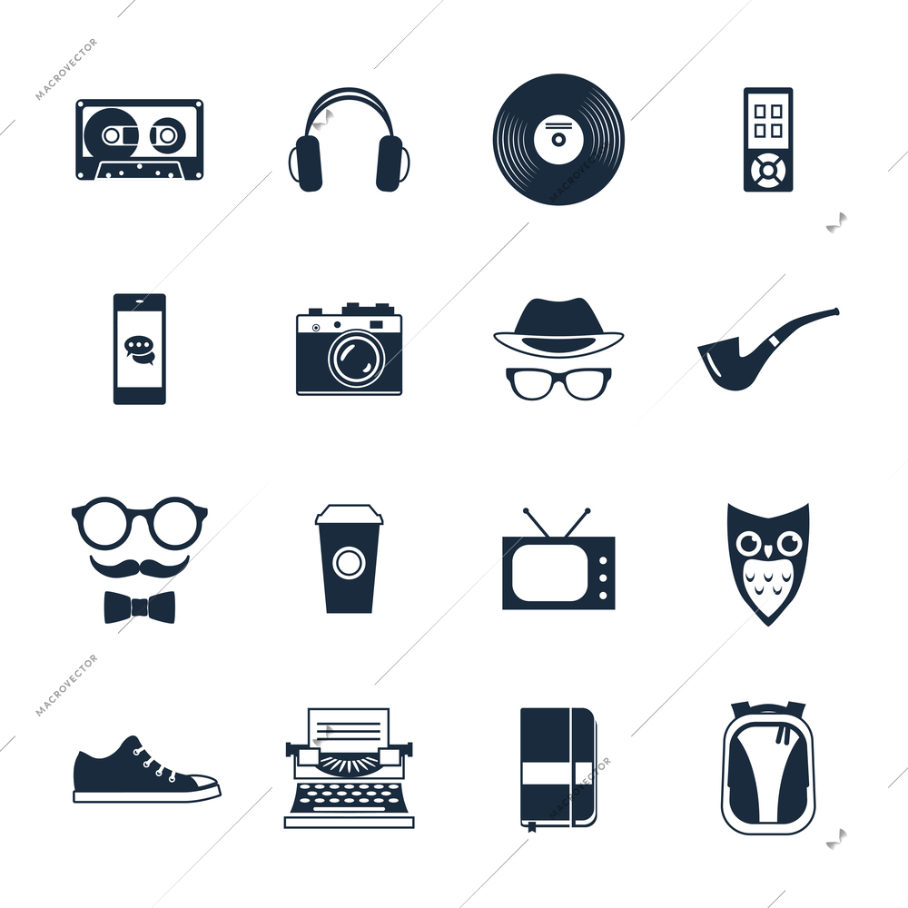 Hipster fashion icons black set with notebook headphones vinyl disk isolated vector illustration