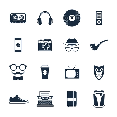 Hipster fashion icons black set with notebook headphones vinyl disk isolated vector illustration