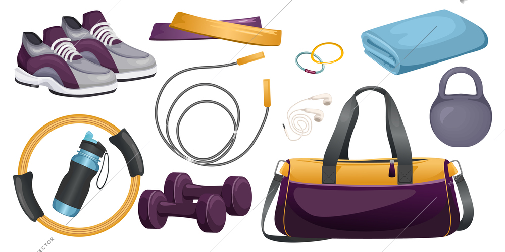 Gym bag isolated icon set what can be inside an athletes girls gym bag vector illustration