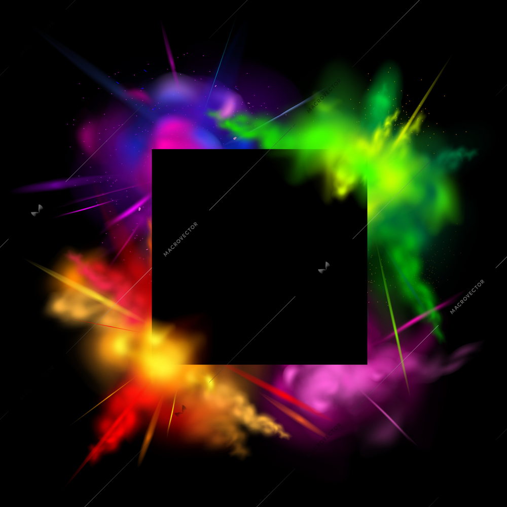 Realistic colored splashes concept with four blasts of powder and black square in the center vector illustration