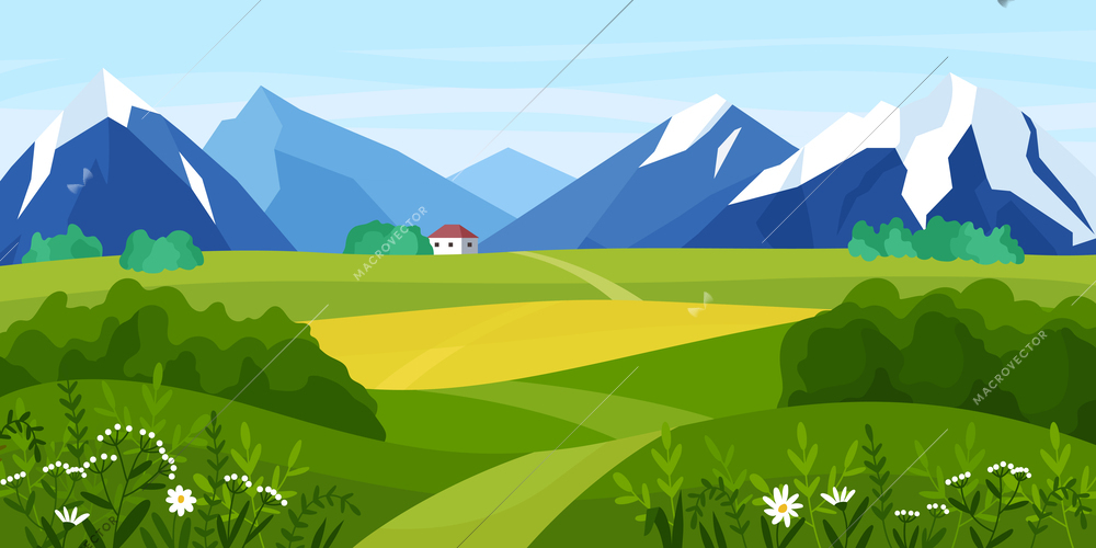 Rural landscape mountains colored composition a country cottage with a mountain view vector illustration