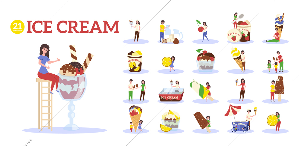 Ice cream composition set with fruit topping symbols flat isolated vector illustration
