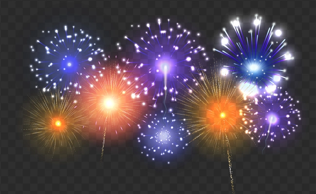 Fireworks realistic composition with colorful shining particles on transparent background with glowing lights and flying trails vector illustration