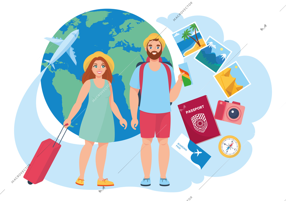 Travel tourists flat composition with images of earth globe passport boarding pass photographs and loving couple vector illustration