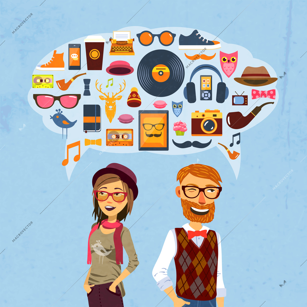 Hipster fashion concept with girl man and speech bubble with trendy icons vector illustration