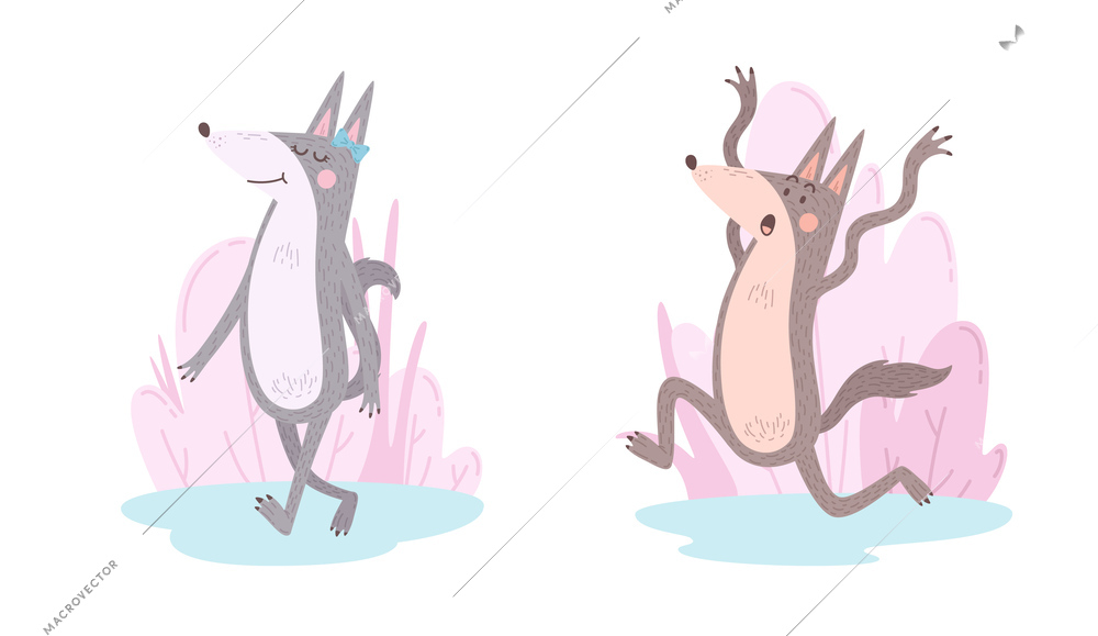 Cartoon wolf character set with happy female and scared male animals walking and running away isolated vector illustration
