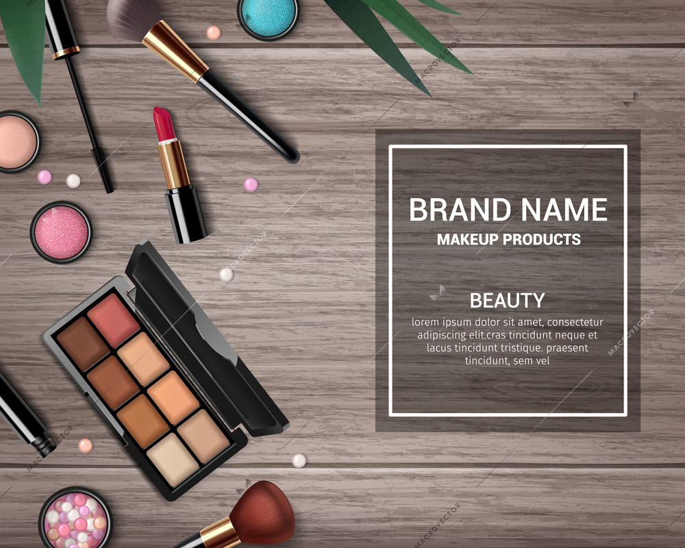 Cosmetics brand realistic template background with makeup products on wooden surface vector illustration