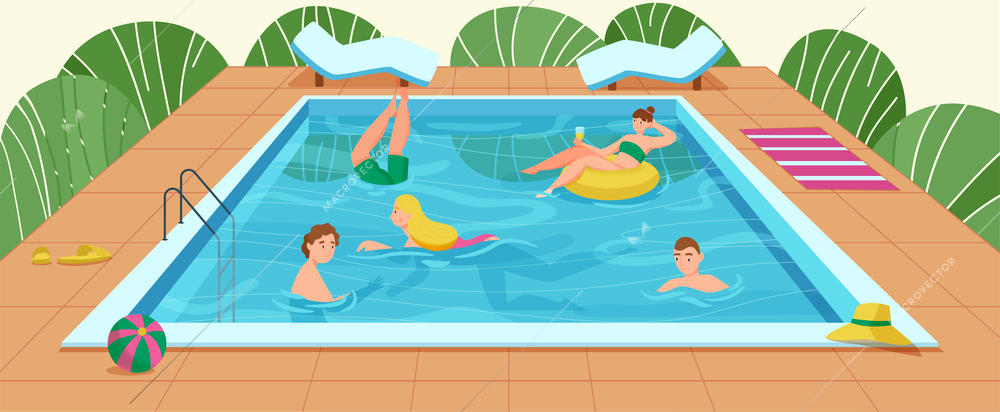 Colored swimming pool composition pool with women and men swimming in it vector illustration