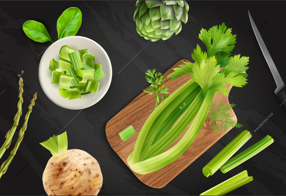 Realistic celery chalkboard composition sliced stem celery on cutting board and root top view vector illustration