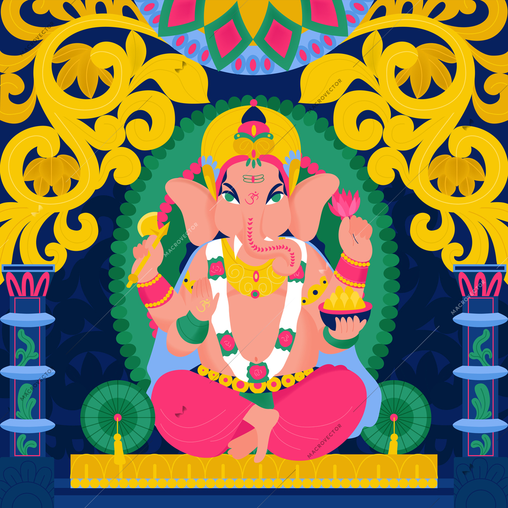 Ancient indian hindu god ganesha composition with patterns columns rich costumes and interiors vector illustration