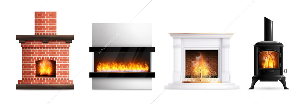 Fireplace realistic set with four isolated designs of domestic chimney with burning fire on blank background vector illustration