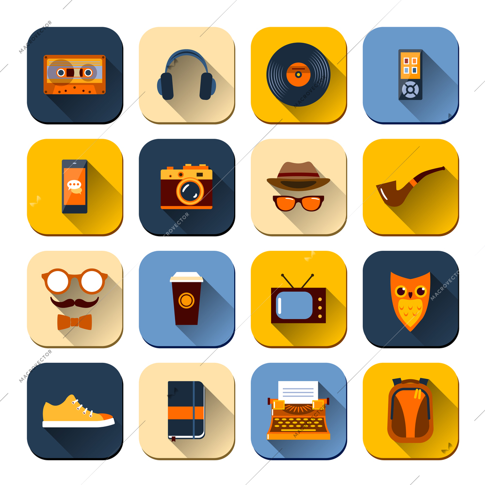 Hipster icons set with mustaches glasses mp3 player isolated vector illustration