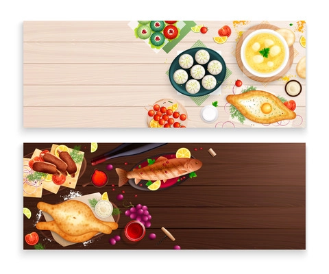 Georgia cuisine flat horizontal banners with composition of traditional georgian dish images on wooden table background vector illustration