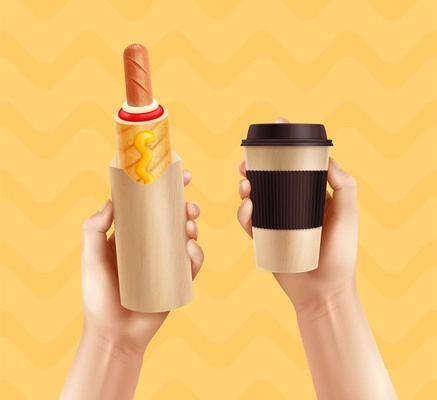 French hot dog realistic composition with point of view of human hands holding coffee and hotdog vector illustration