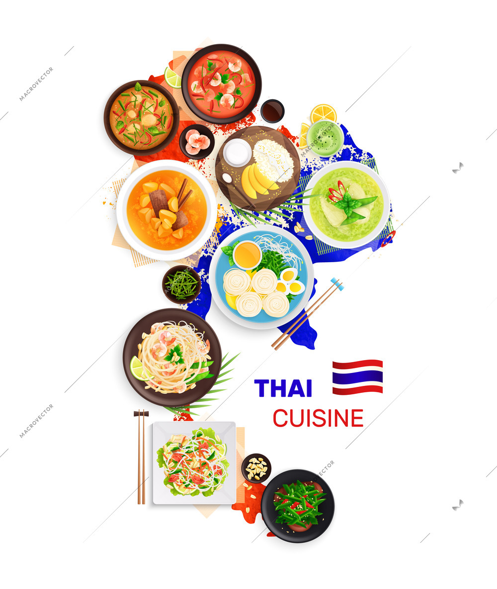 Traditional cuisine map realistic composition with top view of exotic dishes upon country border of thailand vector illustration