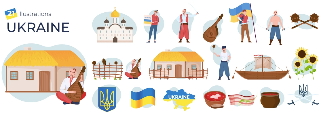 Flat set of compositions with ukraine symbols flag buildings people cuisine isolated on white background vector illustration