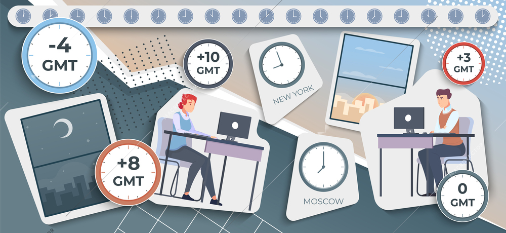 Time zones concept collage with man and woman working during night and daytime flat vector illustration