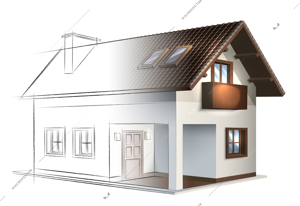 Realistic modern house drawing with windows and balcony vector illustration