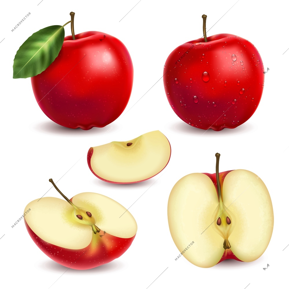 Realistic set of whole and sliced fresh juicy red apples isolated vector illustration
