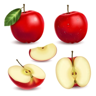 Realistic set of whole and sliced fresh juicy red apples isolated vector illustration