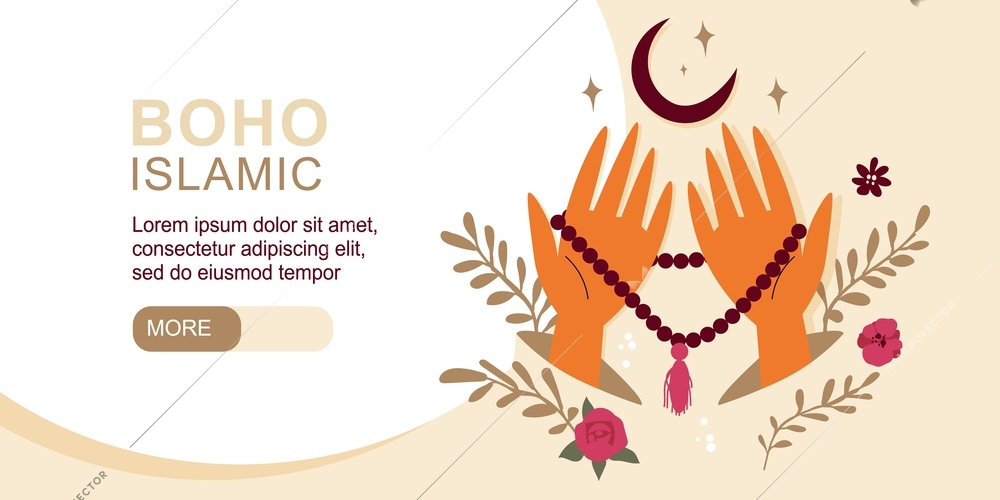 Islamic boho horizontal banner with hands holding beads flat vector illustration