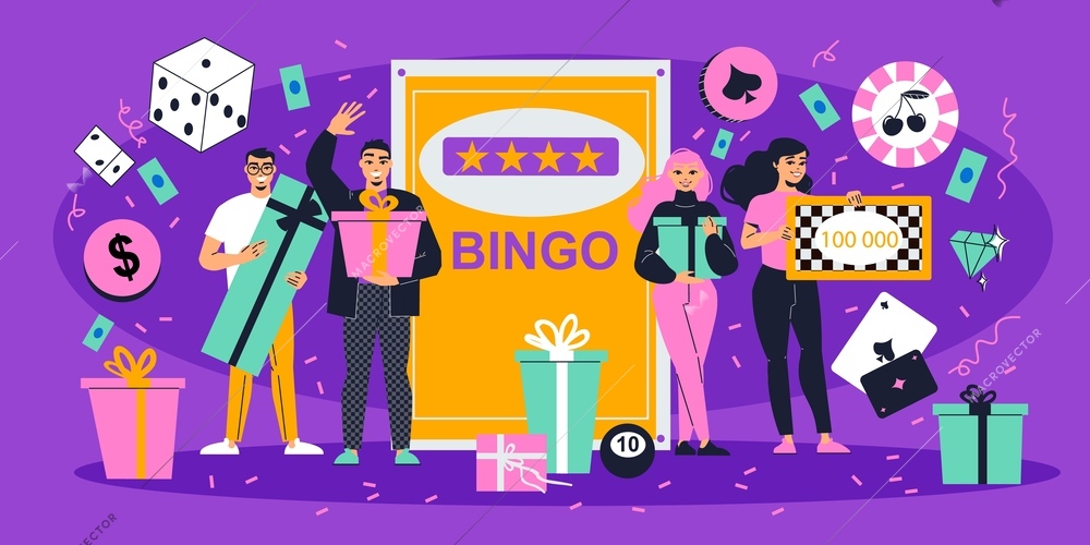 Flat fortune lottery image with people winning bingo prized vector illustration