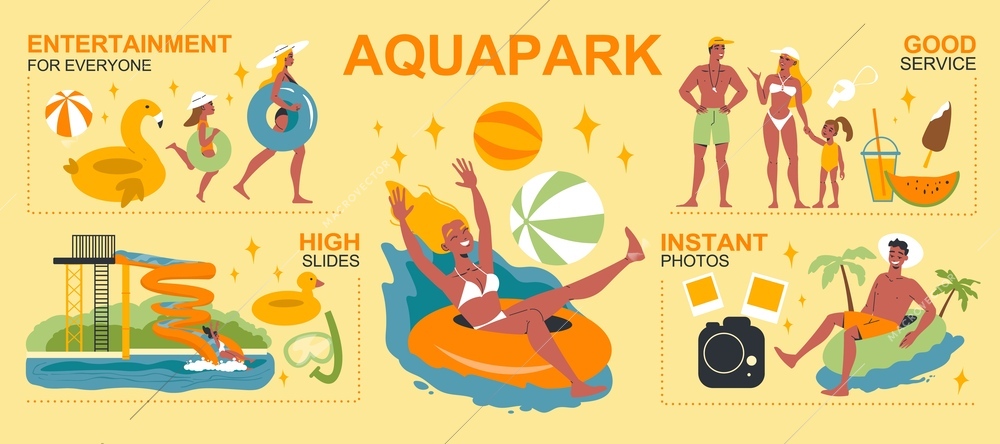 Aquapark flat infographics with high slides and pool entertainments vector illustration