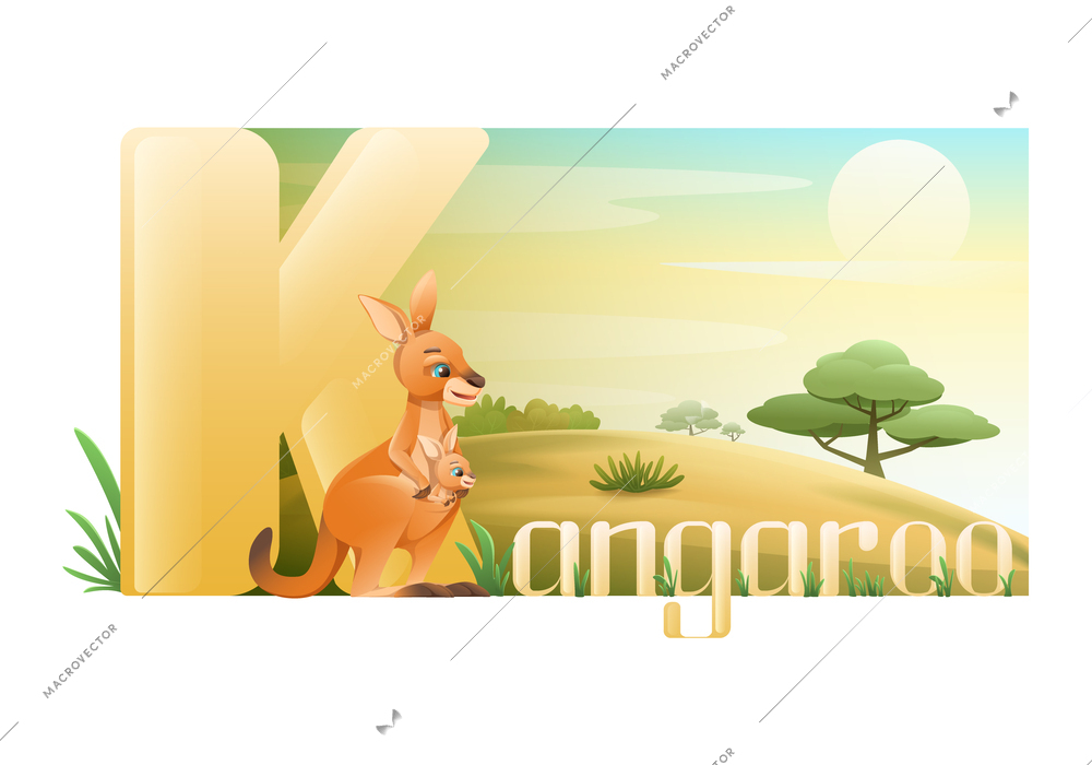 Cute mother kangaroo with baby in pouch on background with plain landscape cartoon vector illustration