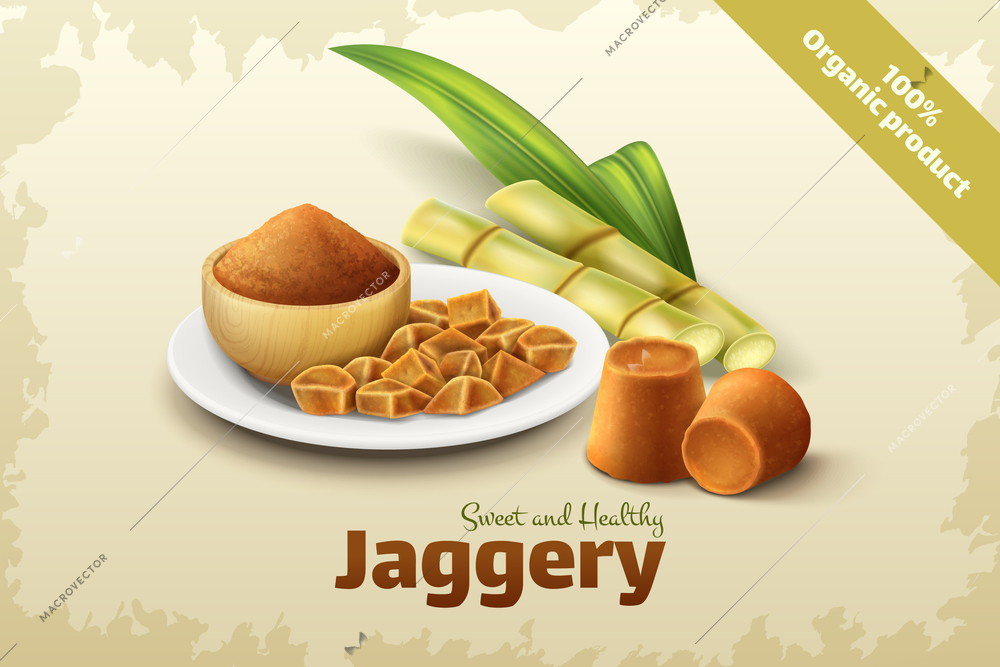 Sweet and healthy jaggery blocks and powder organic sugar cane juice product on color background realistic vector illustration