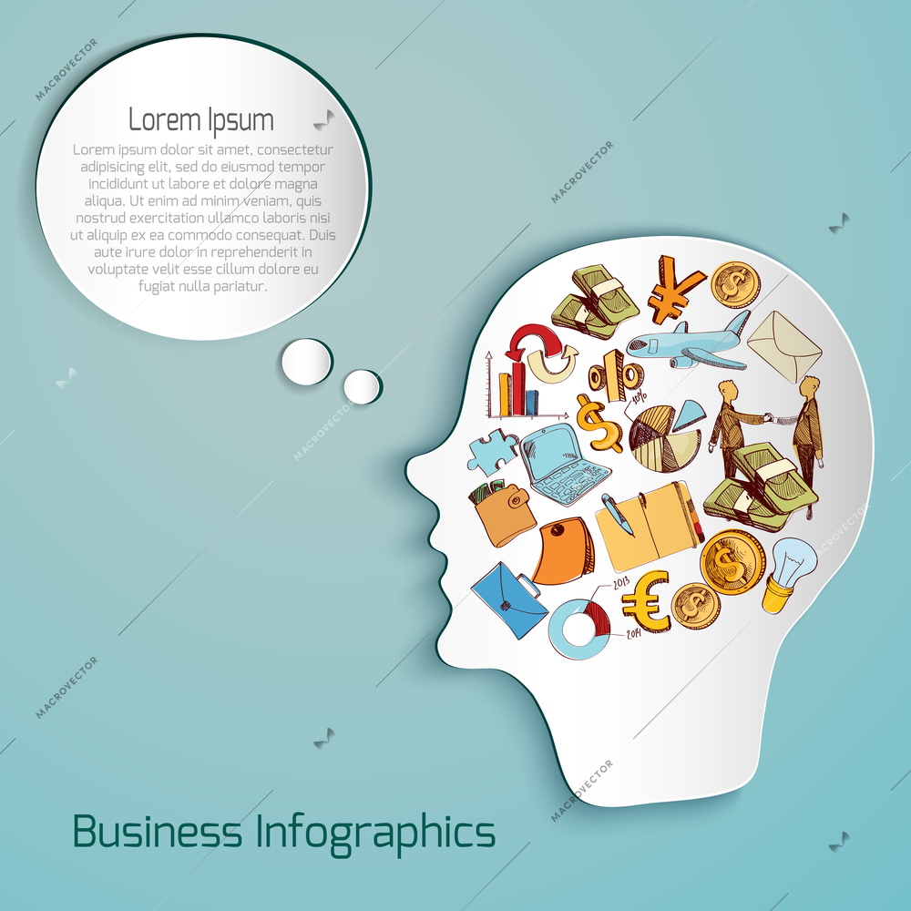 Human paper head with business sketch icons set and speech bubble vector illustration