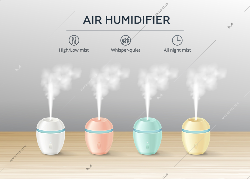 Air humidifier advertising composition with four working devices of different colour and their features description realistic vector illustration