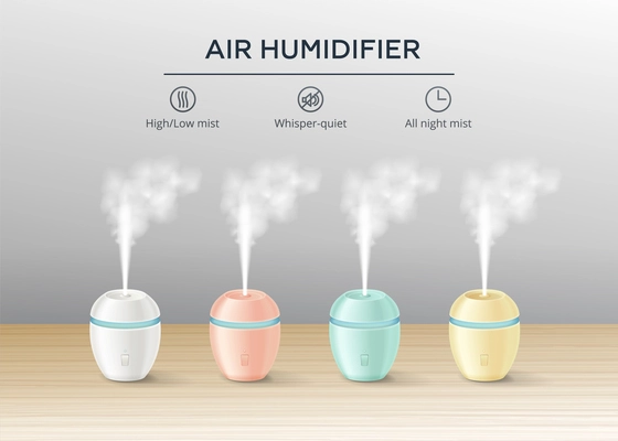 Air humidifier advertising composition with four working devices of different colour and their features description realistic vector illustration