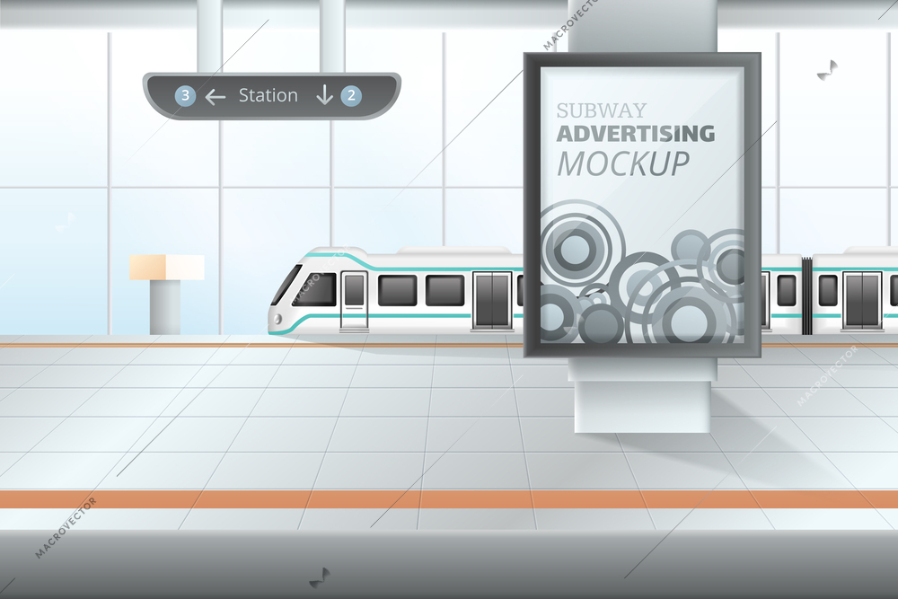 Realistic subway advertising mockup at underground train station vector illustration