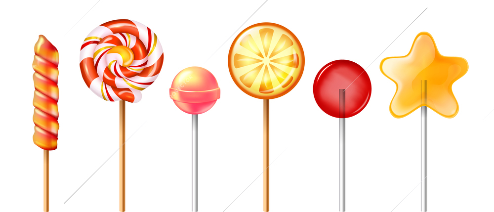 Realistic lollipop sweets set of isolated icons with candies on sticks of various colors and shapes vector illustration