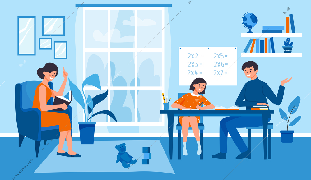 Homeschooling composition with indoor view of domestic interior with mother of child and teacher at desk vector illustration