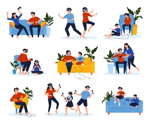 Family playing vr video games set with isolated characters of children and adults wearable headsets gamepads vector illustration