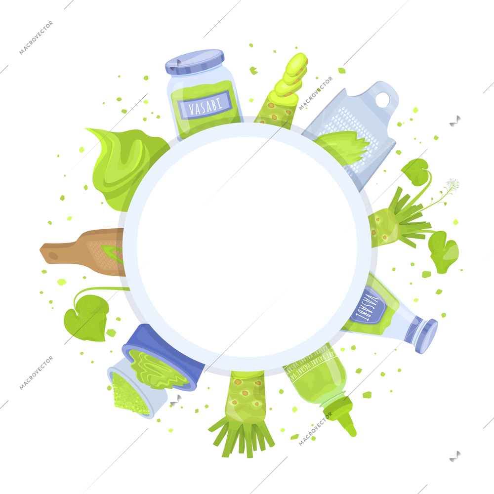 Wasabi sauce flat composition with empty circle space surrounded by green dots plants powder and packages vector illustration