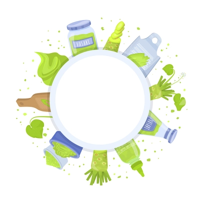 Wasabi sauce flat composition with empty circle space surrounded by green dots plants powder and packages vector illustration