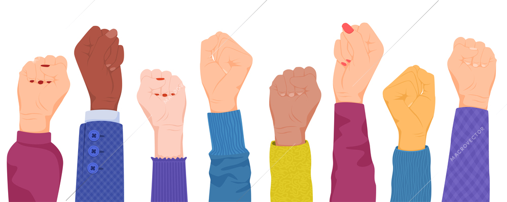 Human hands gestures flat set with isolated images of fists with colorful sleeves on blank background vector illustration