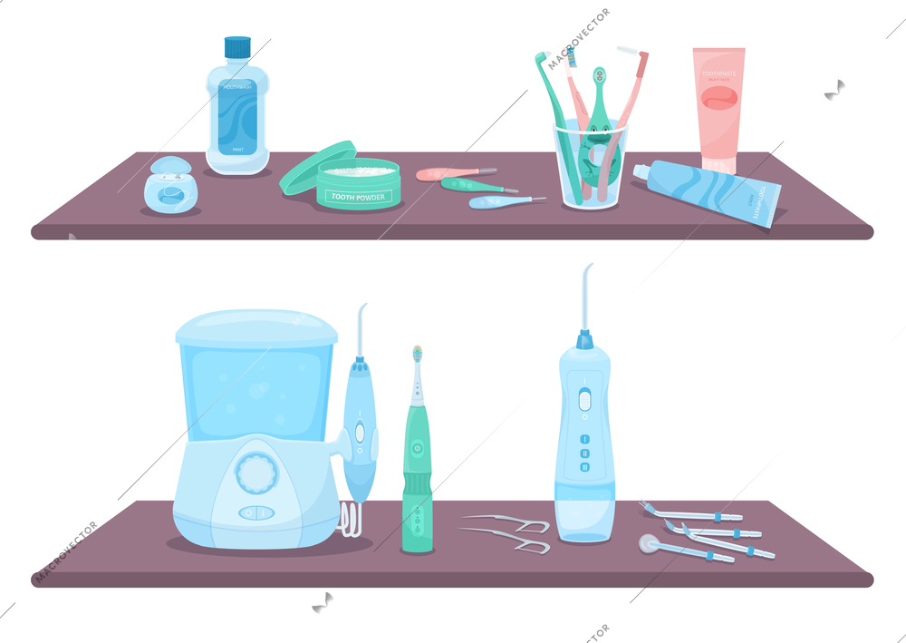 Dental hygiene composition with set of flat creams toothbrushes needles and toothpastes standing on wall shelves vector illustration