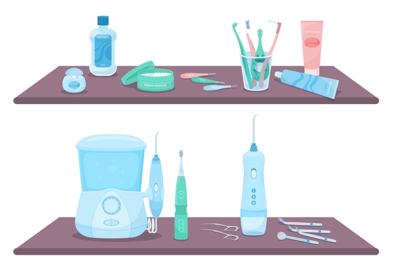 Dental hygiene composition with set of flat creams toothbrushes needles and toothpastes standing on wall shelves vector illustration