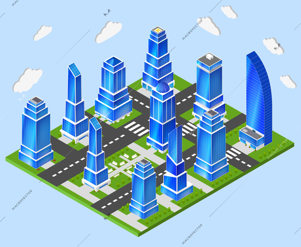 Residential and industrial downtown high rise tower buildings city center 3d block composition prototype model layout planning