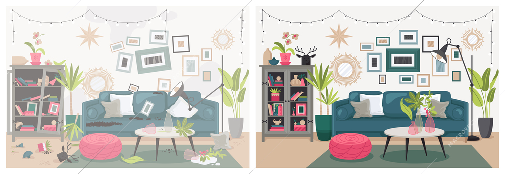 Living room interior composition divided to clean and dirty halves with pieces of furniture and decorations vector illustration